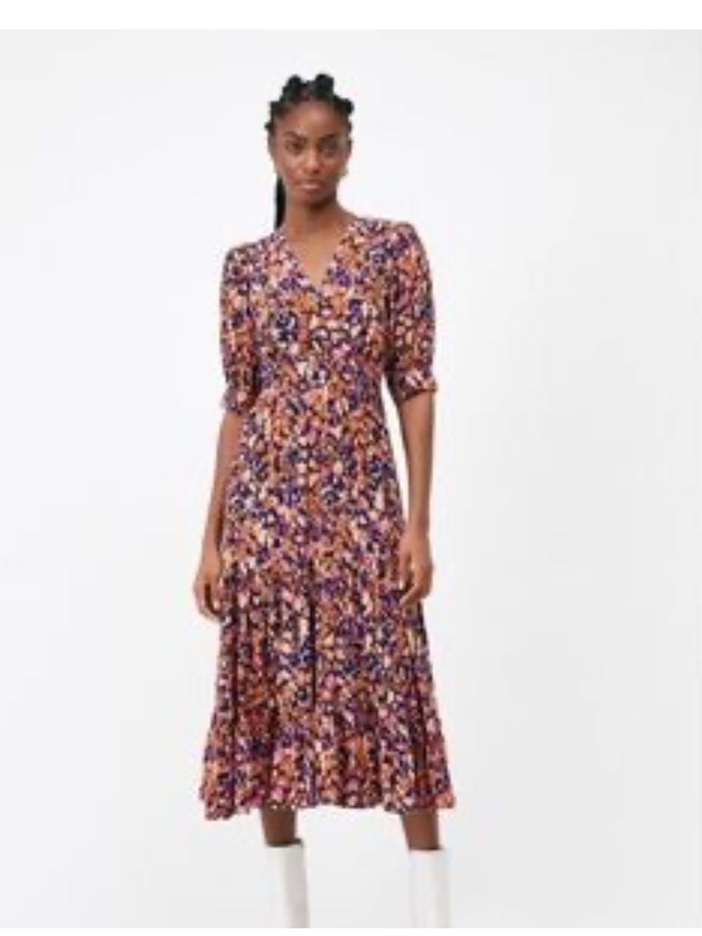 SUNCOO Paris Floral Midi Dress in Navy and Pink